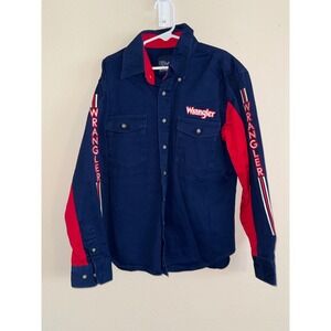Wrangler Kids Navy Blue Red Western Button Down Shirt Embroidered Logo  10/12